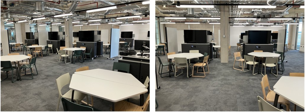 Classroom with table and chairs set up for active learning.